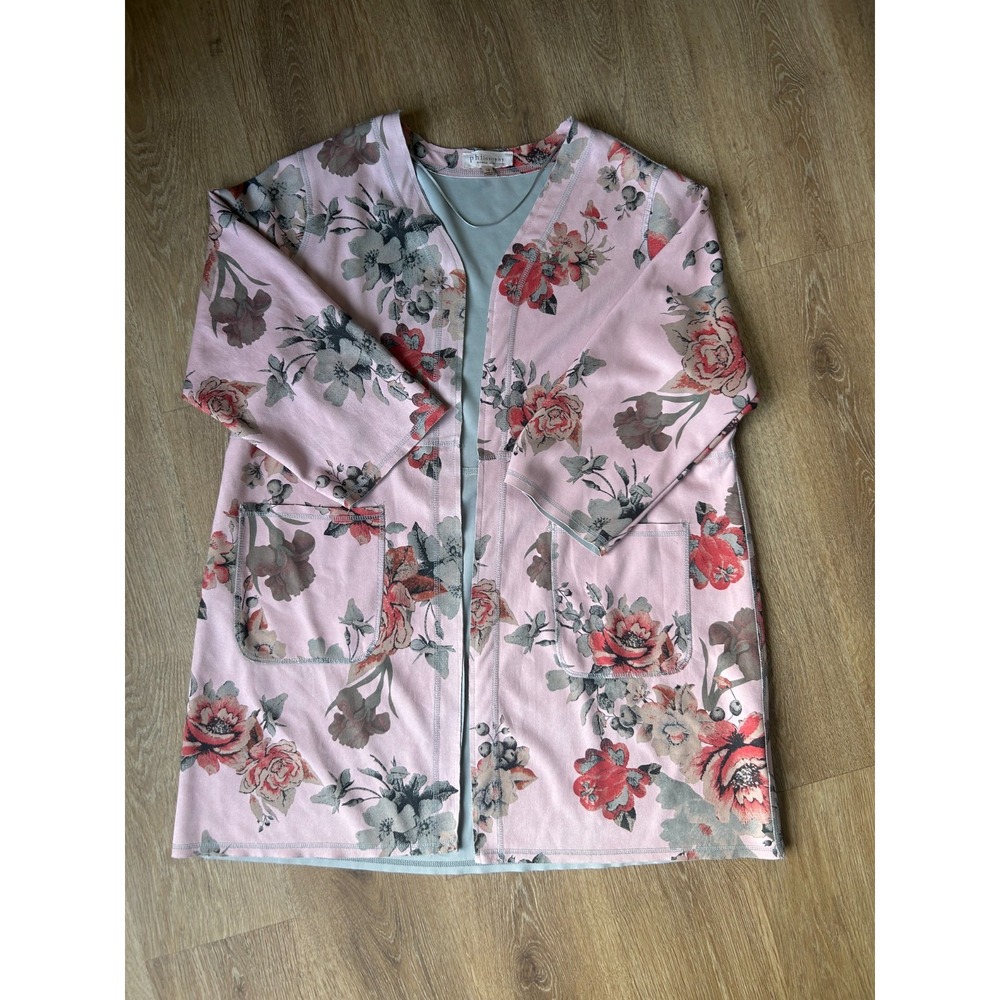 Philosophy Anthropology Pink Floral Open Faux Leather Duster Kimono XL